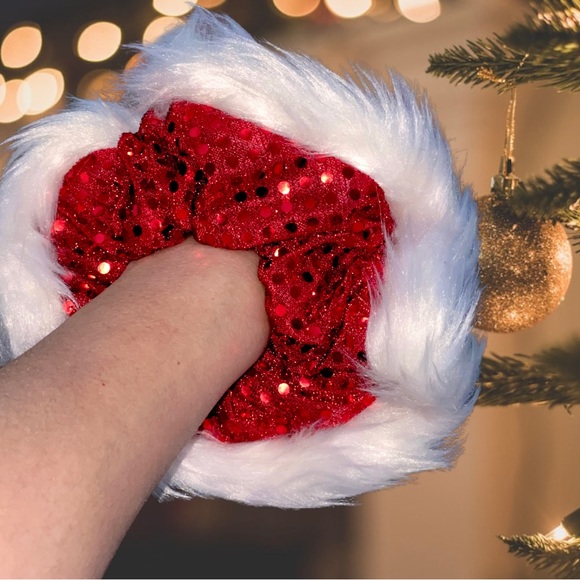 Santa Fur Sequence Scrunchie, Hair Accessory |Handmade Gift, Hair Tie, Stocking - Picture 8 of 13